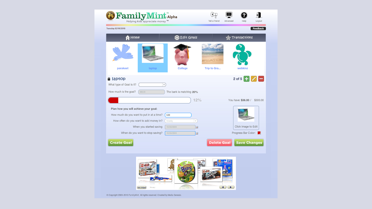 FamilyMint Online Family Budgeting Application – Child View Goals