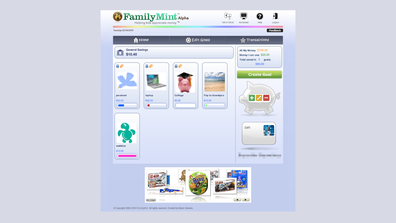FamilyMint Online Family Budgeting Application – Child View Home